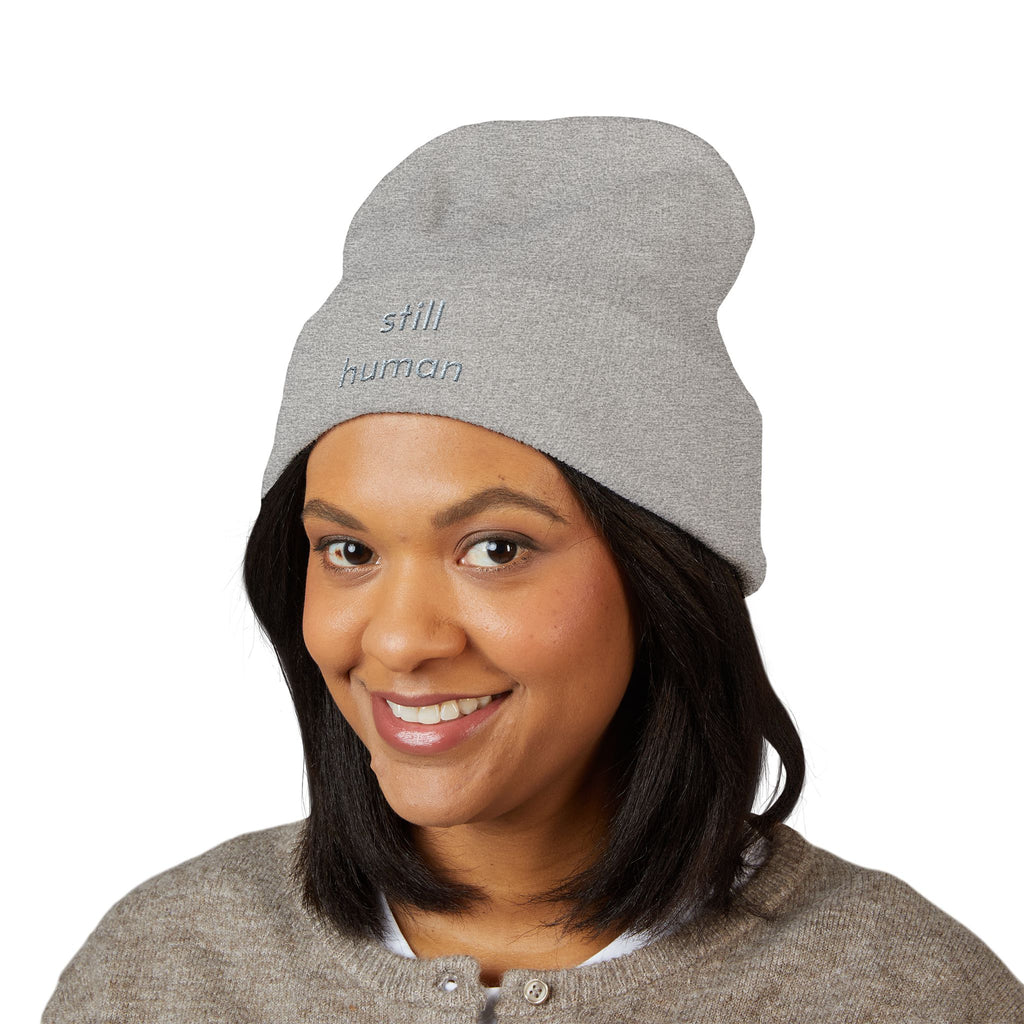 Still Human Embroidered Cuffed Beanie — Minimalist Winter Hat