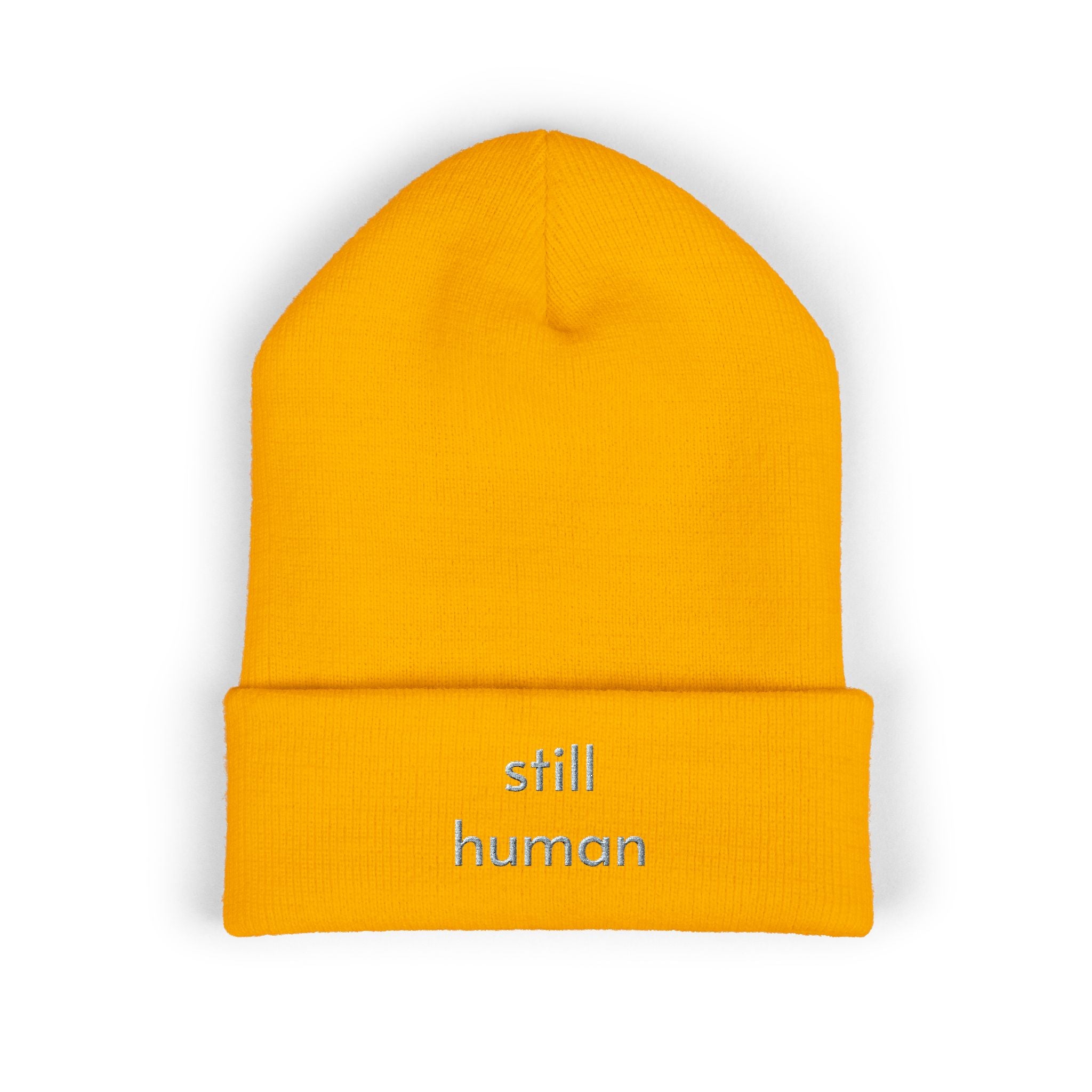 Still Human Embroidered Cuffed Beanie — Minimalist Winter Hat