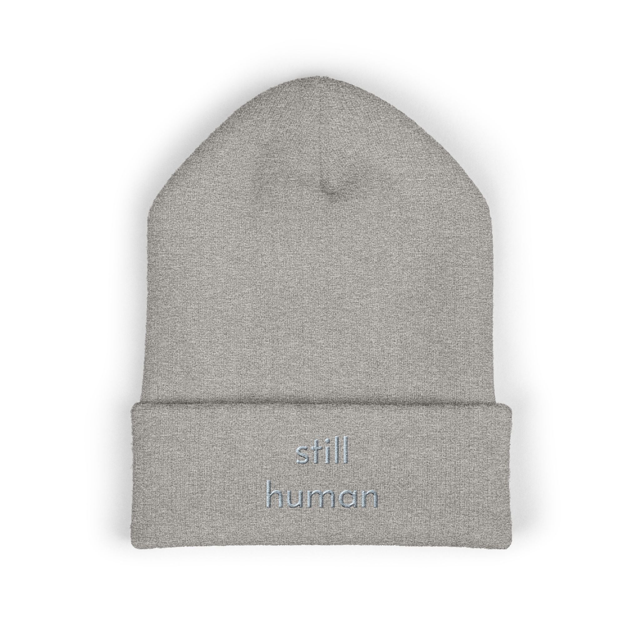 Still Human Embroidered Cuffed Beanie — Minimalist Winter Hat