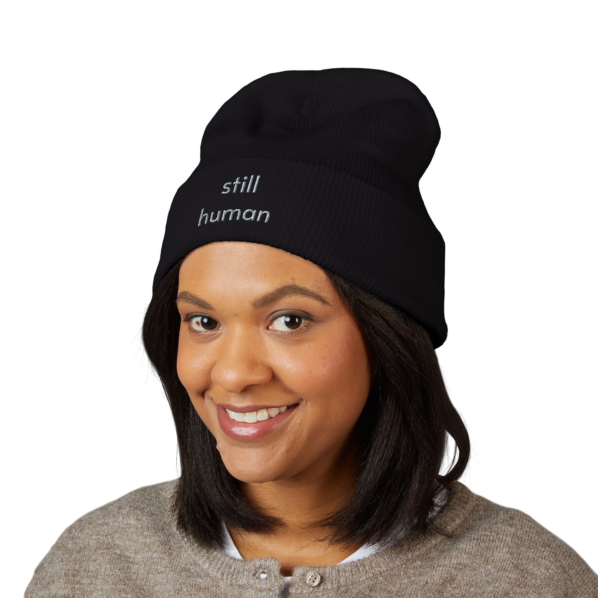 Still Human Embroidered Cuffed Beanie — Minimalist Winter Hat