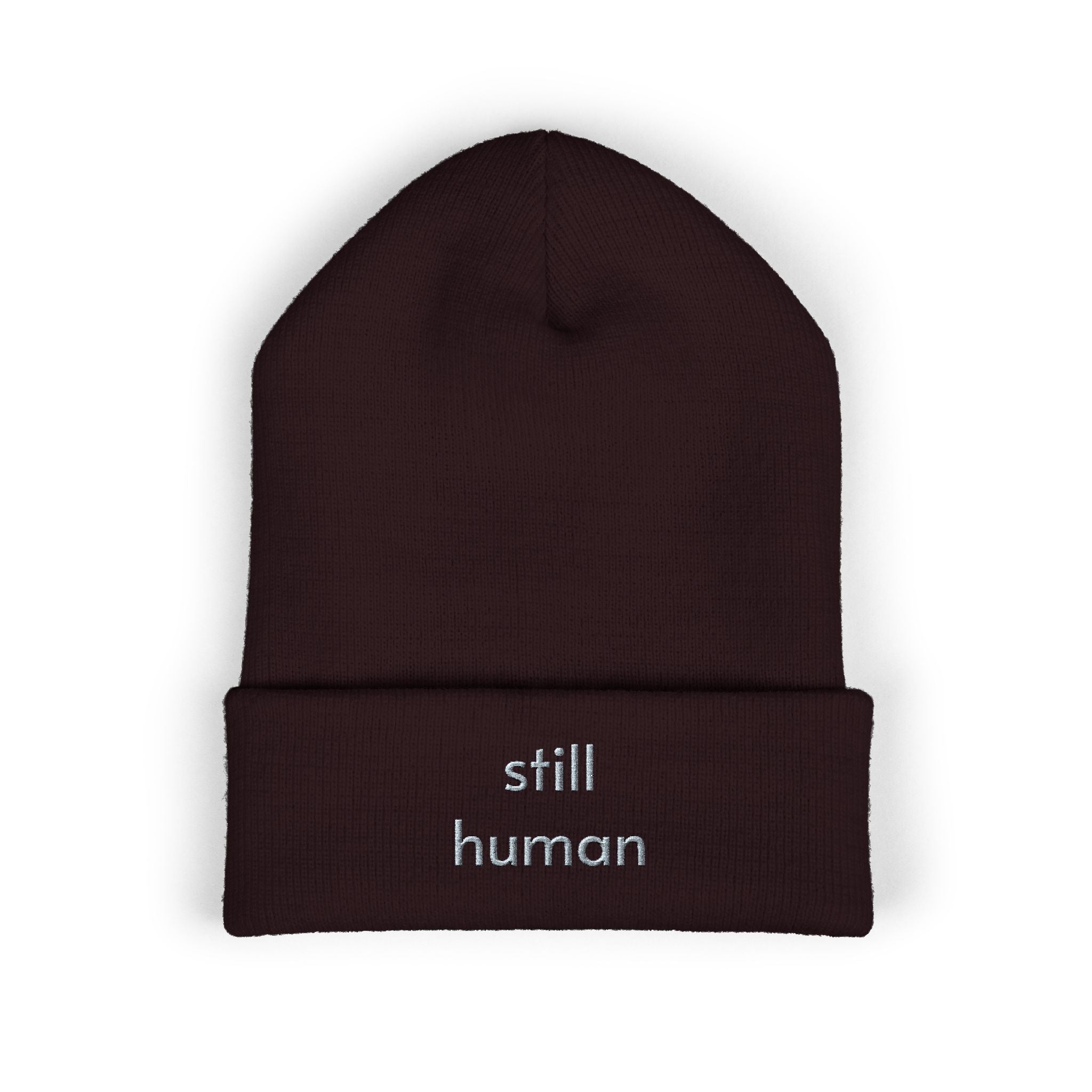 Still Human Embroidered Cuffed Beanie — Minimalist Winter Hat