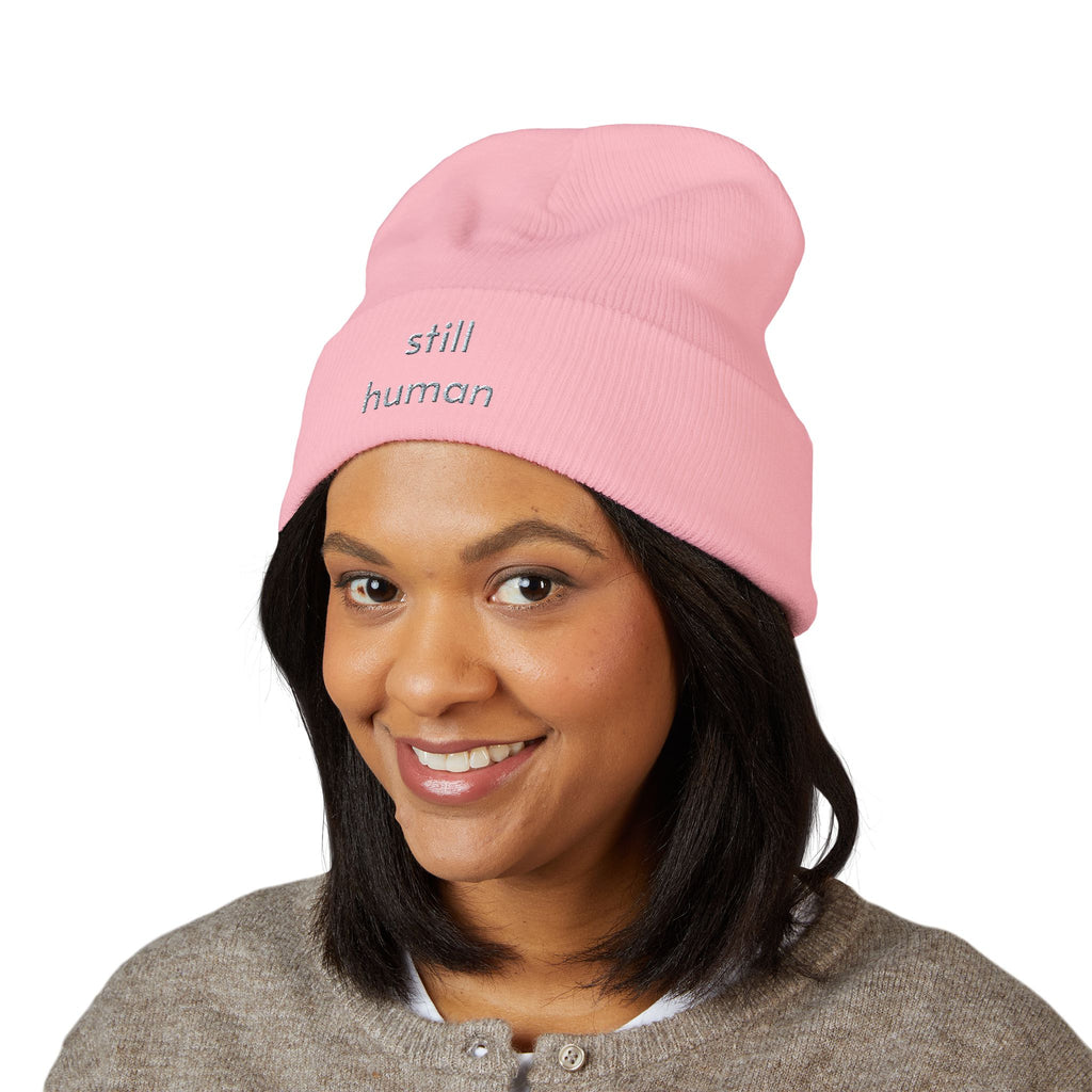 Still Human Embroidered Cuffed Beanie — Minimalist Winter Hat