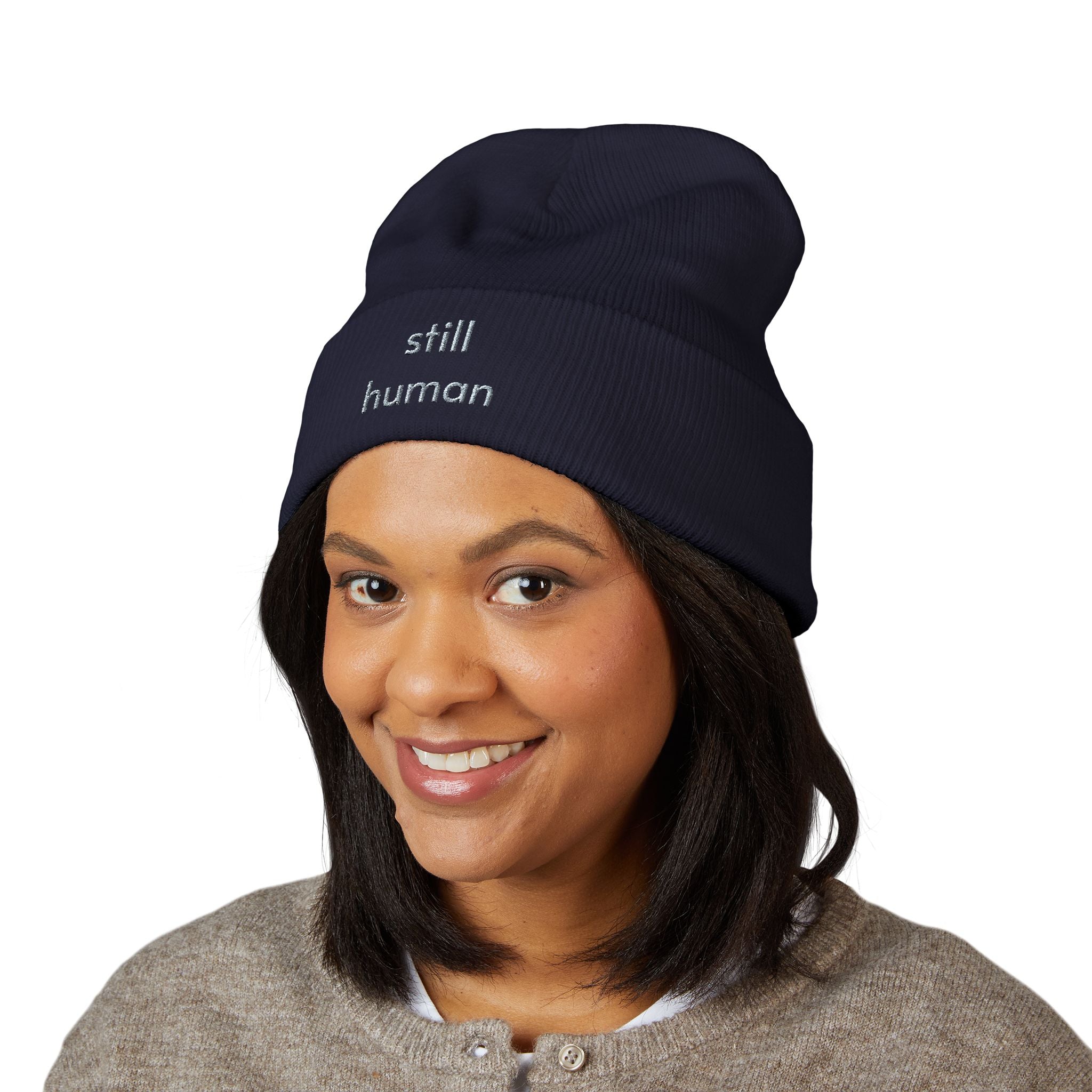 Still Human Embroidered Cuffed Beanie — Minimalist Winter Hat