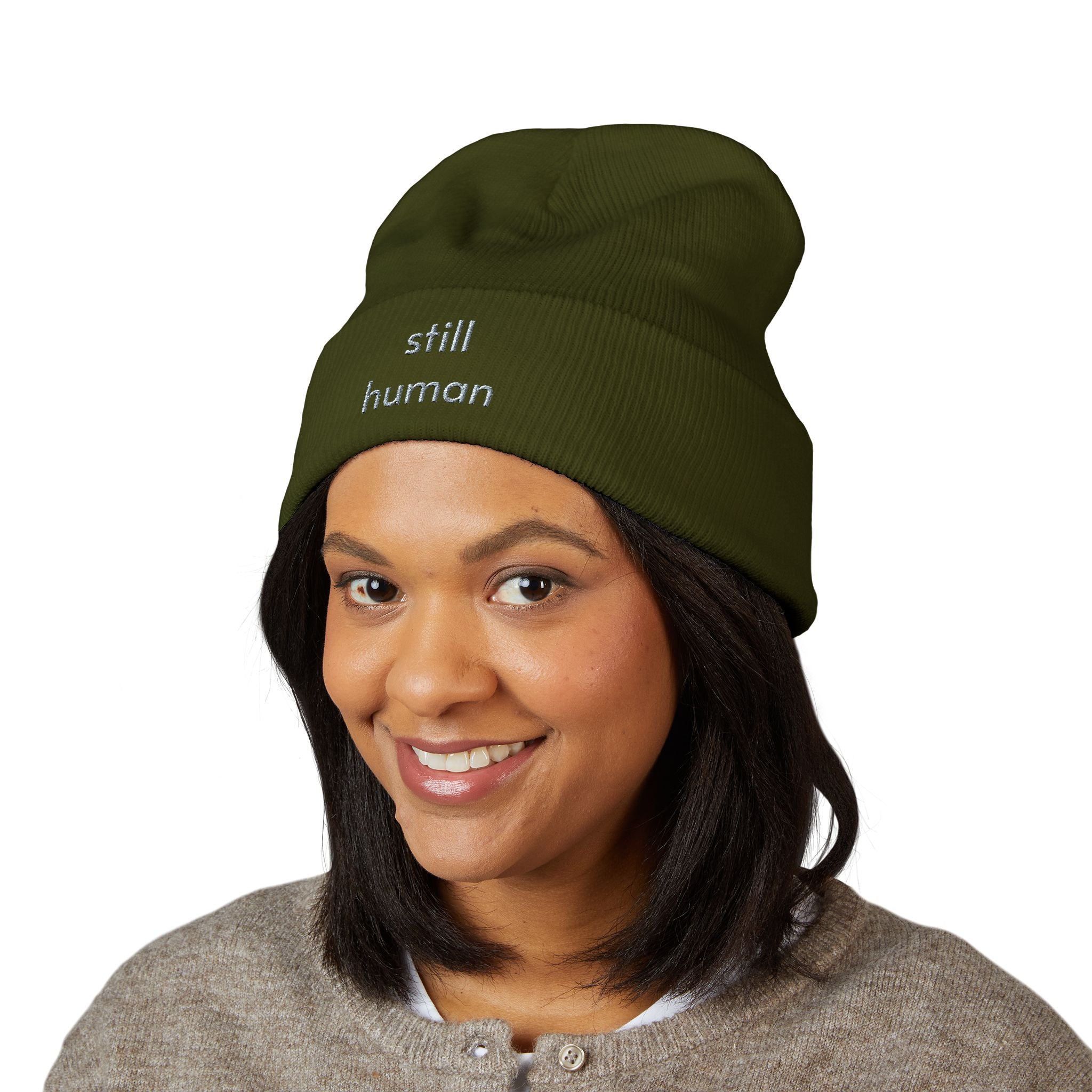 Still Human Embroidered Cuffed Beanie — Minimalist Winter Hat