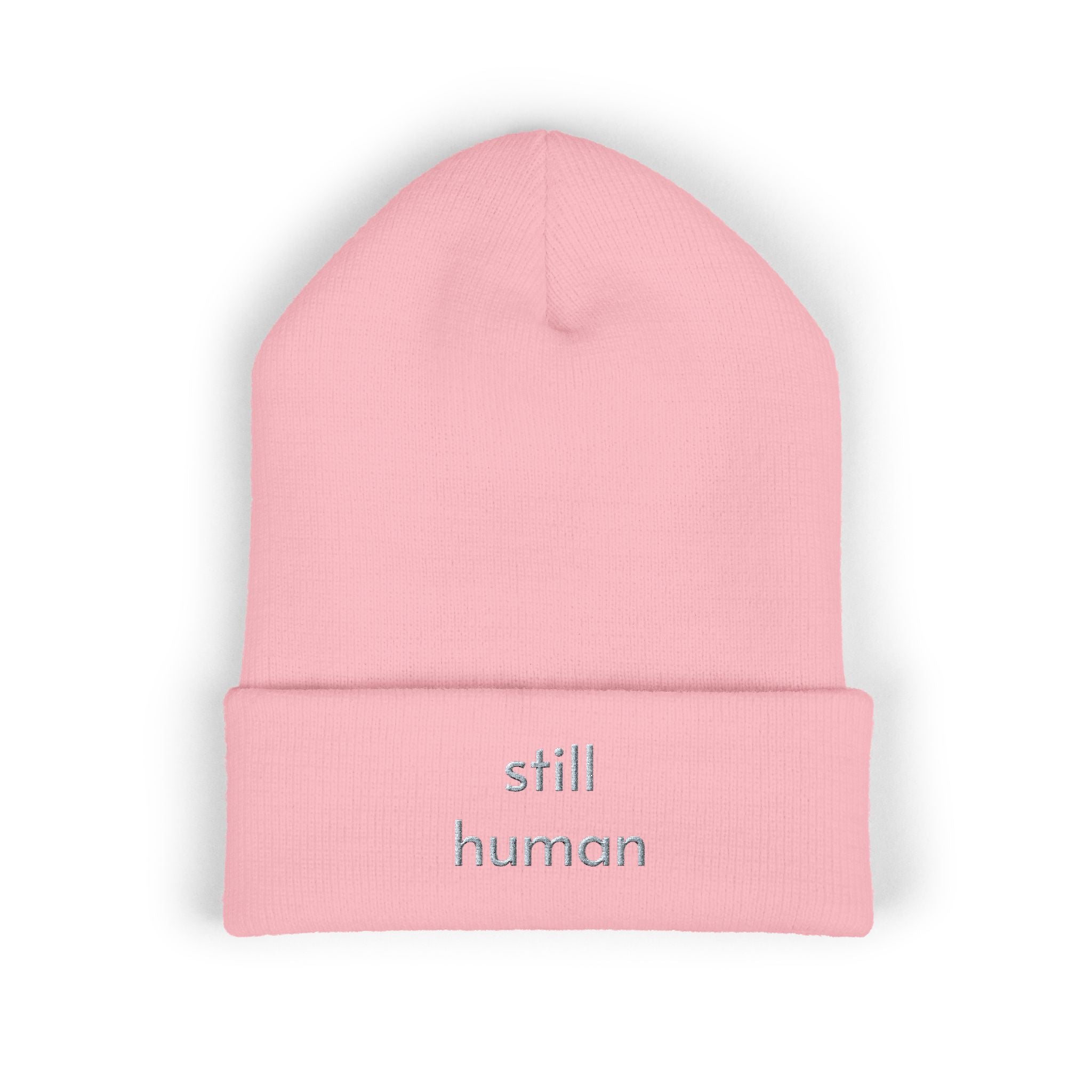 Still Human Embroidered Cuffed Beanie — Minimalist Winter Hat