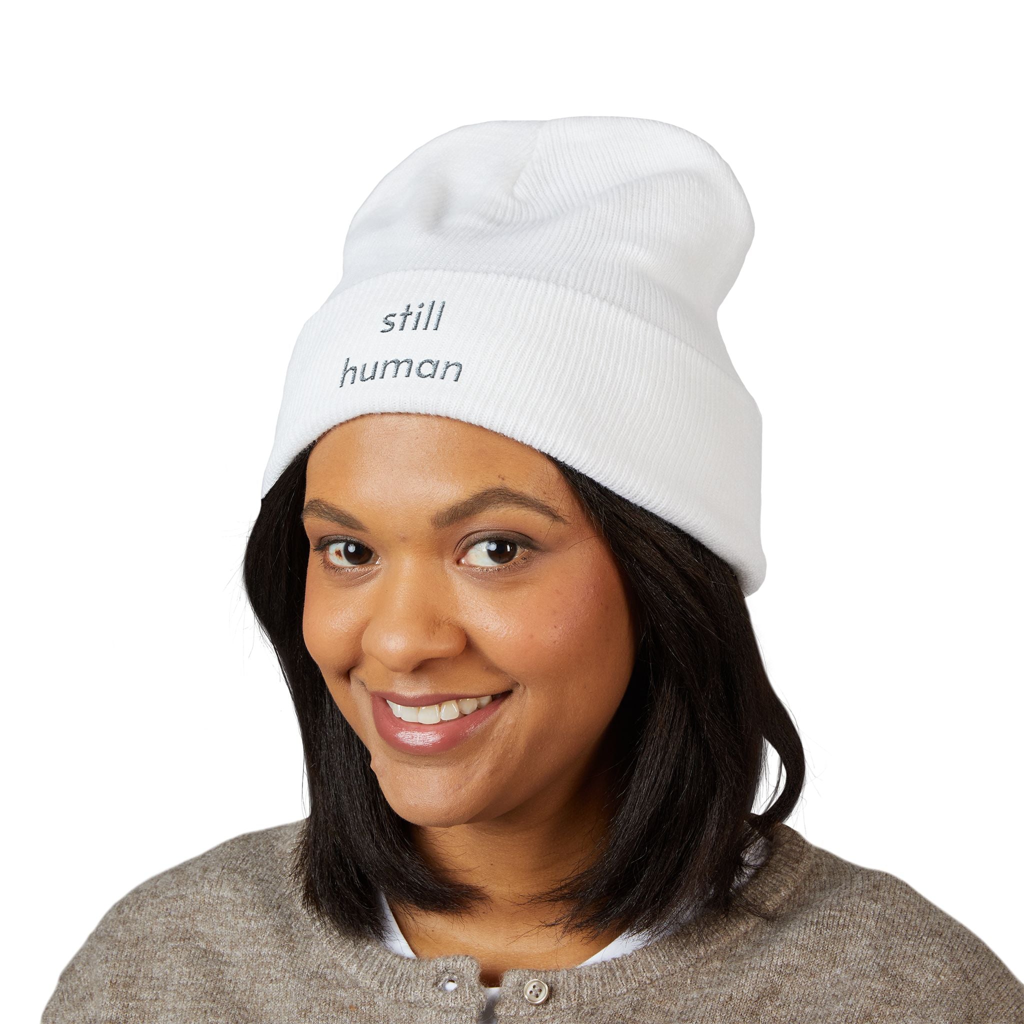 Still Human Embroidered Cuffed Beanie — Minimalist Winter Hat