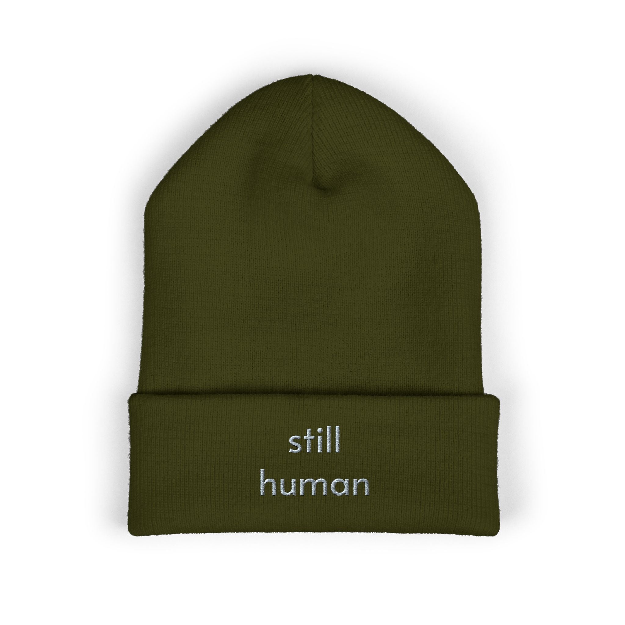 Still Human Embroidered Cuffed Beanie — Minimalist Winter Hat