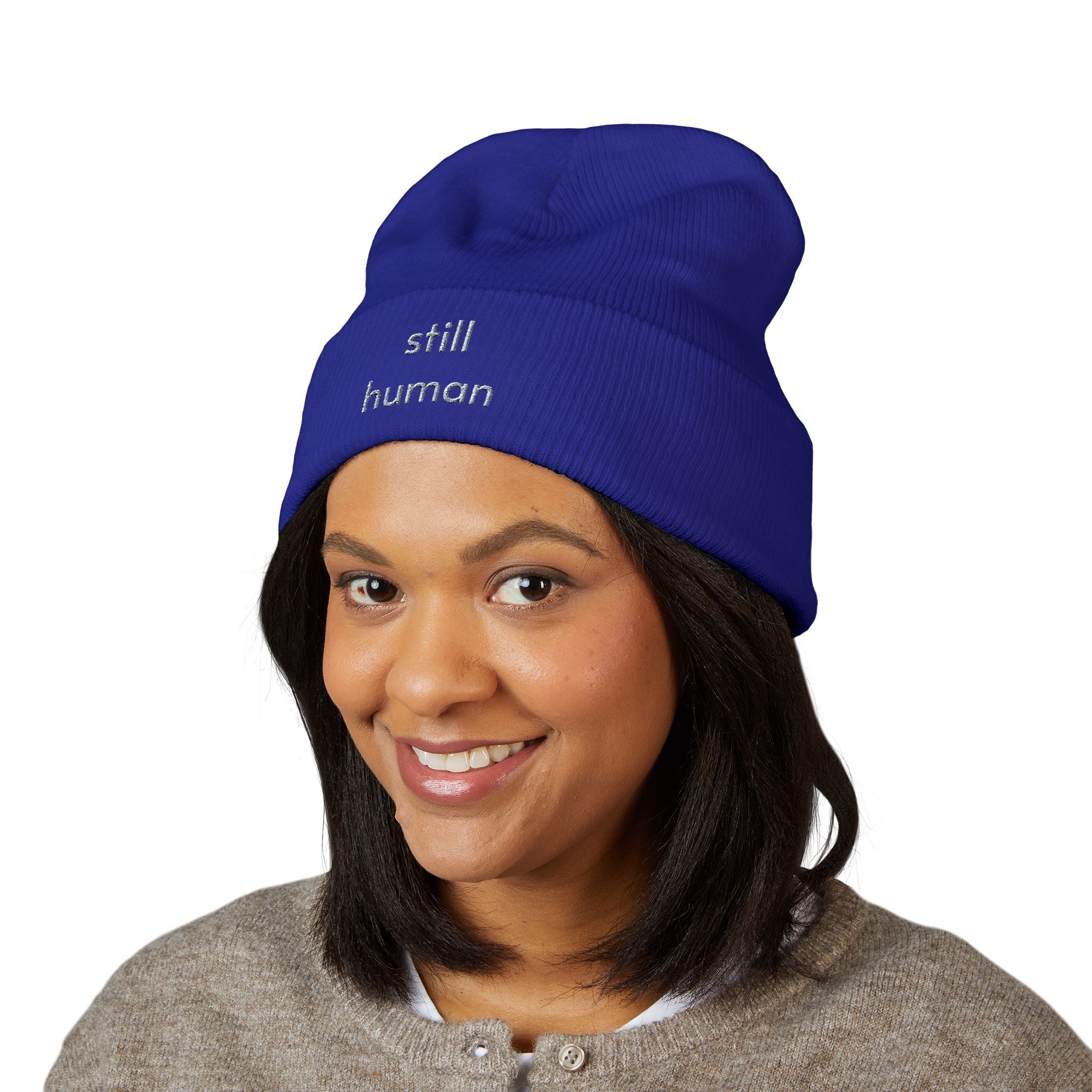 Still Human Embroidered Cuffed Beanie — Minimalist Winter Hat