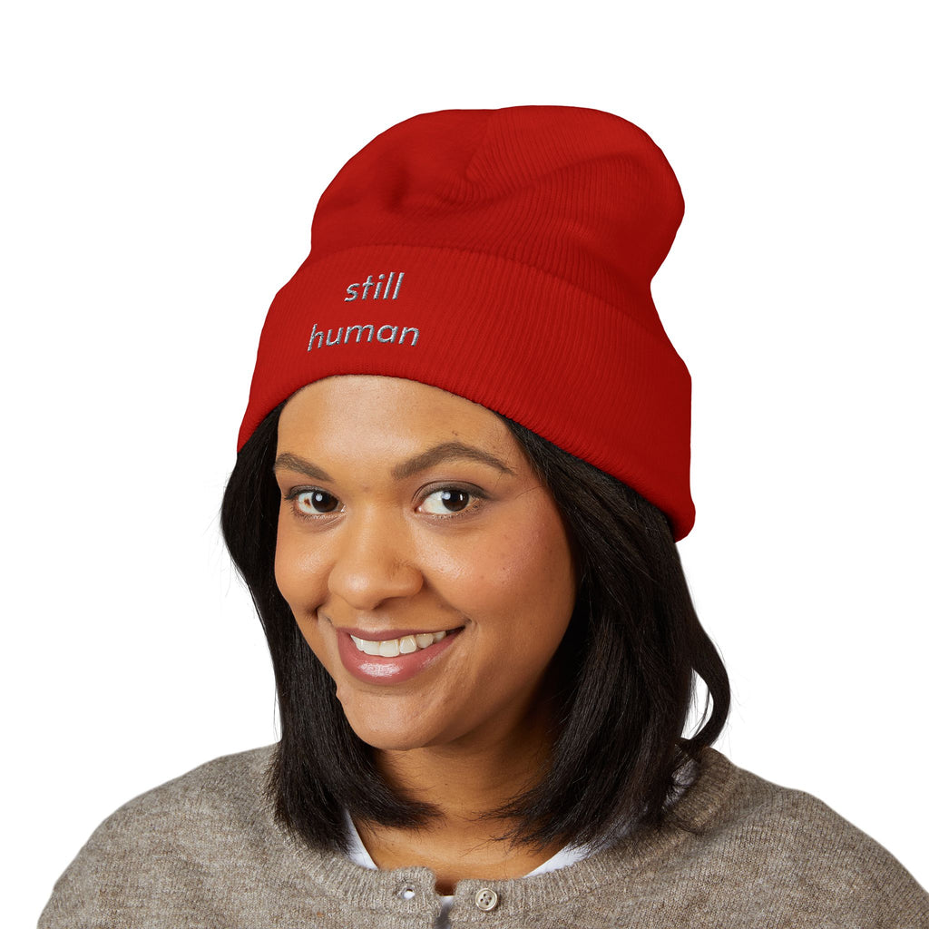 Still Human Embroidered Cuffed Beanie — Minimalist Winter Hat