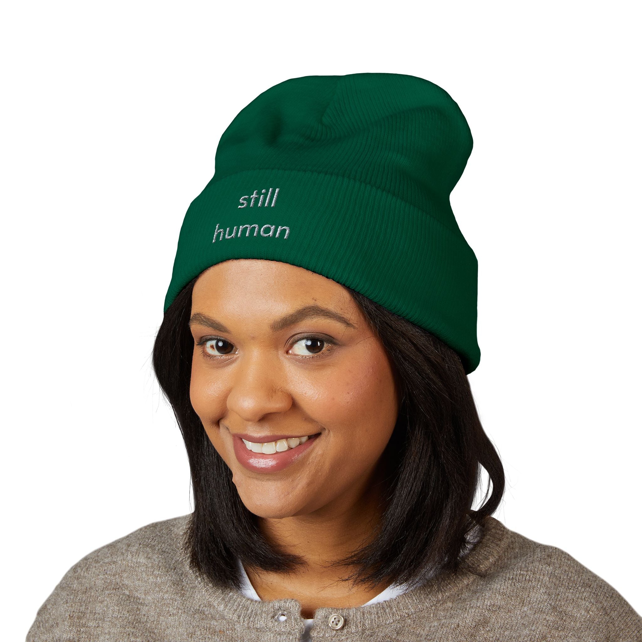 Still Human Embroidered Cuffed Beanie — Minimalist Winter Hat