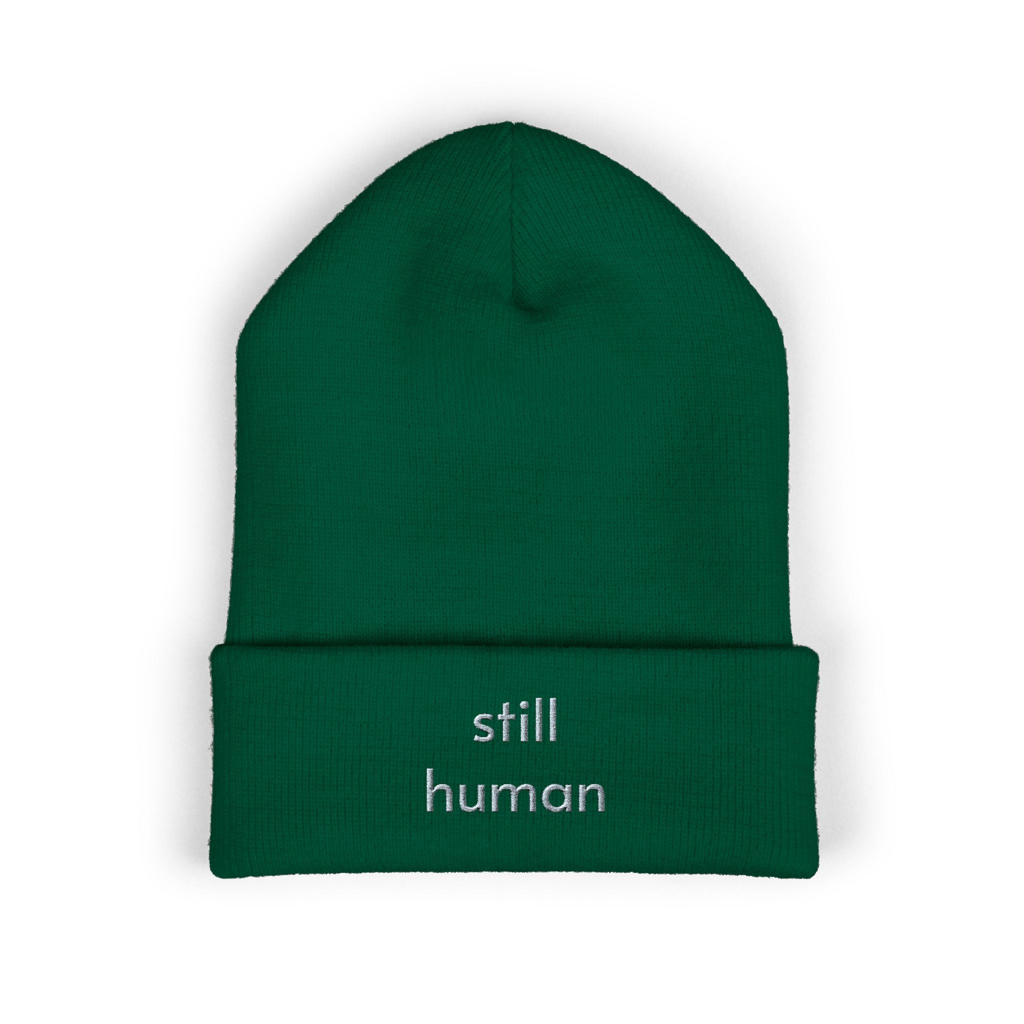 Still Human Embroidered Cuffed Beanie — Minimalist Winter Hat