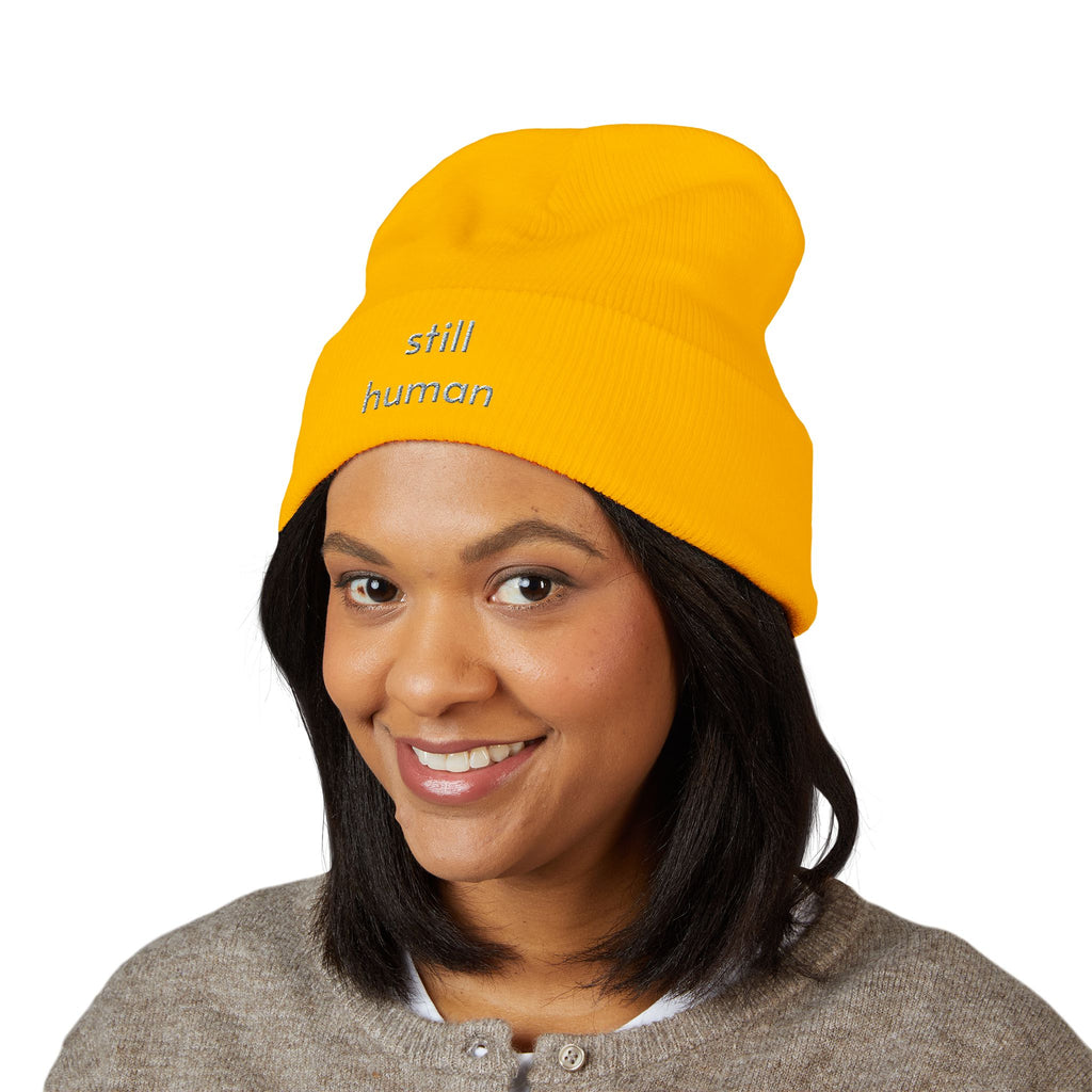 Still Human Embroidered Cuffed Beanie — Minimalist Winter Hat