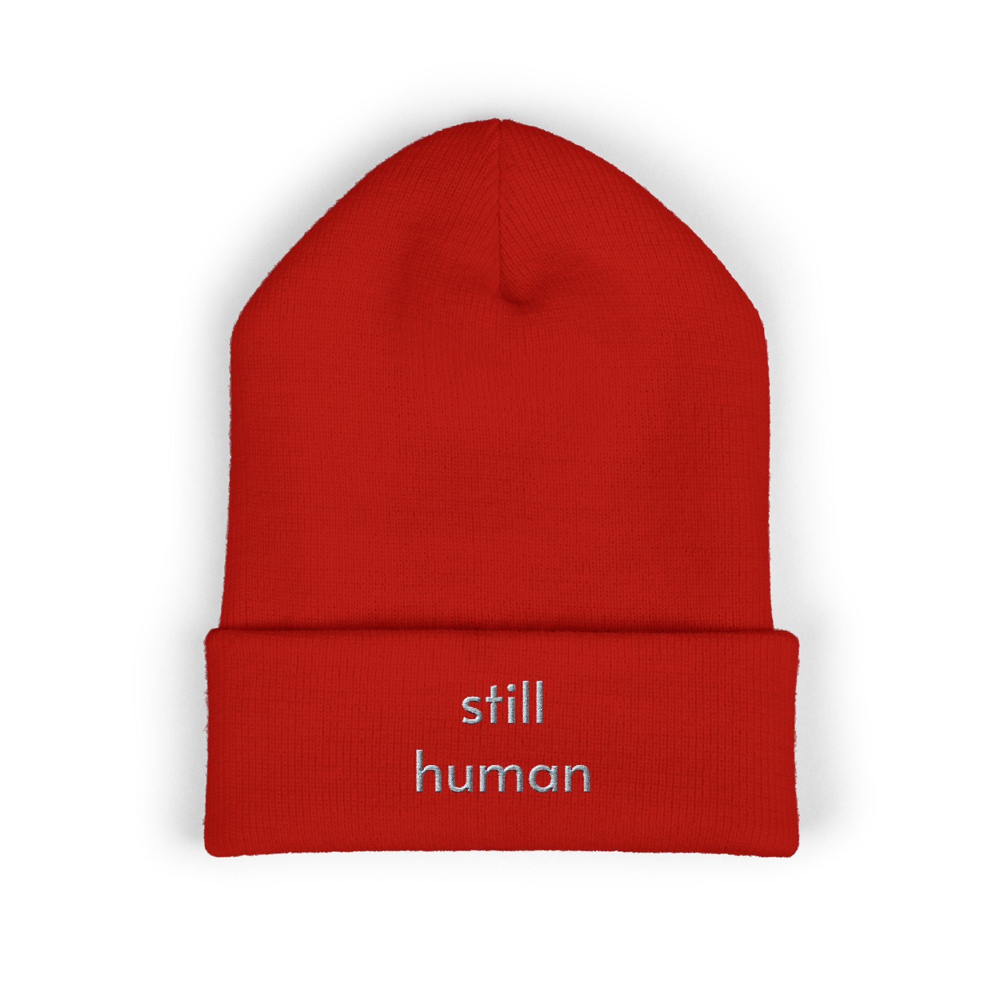 Still Human Embroidered Cuffed Beanie — Minimalist Winter Hat